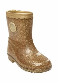 Dziecięcy błyszczący brązowy kalosz z złotą lamówką i okrągłą beżową etykietą po boku, z falistym wykończeniem na górze.