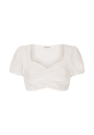 White cropped blouse with short puffed sleeves, ruched front, and subtle eyelet pattern throughout fabric.