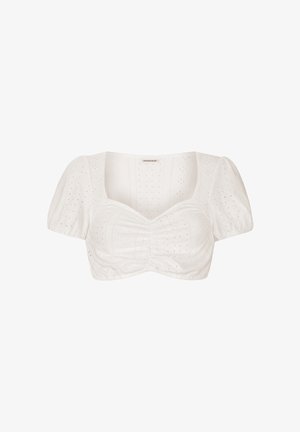 White cropped blouse with short puffed sleeves, ruched front, and subtle eyelet pattern throughout fabric.