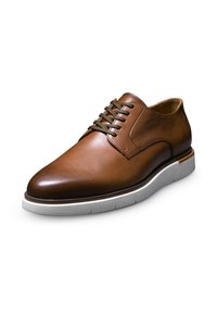 Scarpa da dress in pelle marrone con finitura liscia, dotata di suola in gomma bianca, punta tonda e sistema di allacciatura tradizionale.