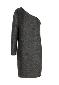 Asymmetrisk klänning med en axel i metallisk svart tyg, knälång med lång ärm, med en strukturerad, skimrande yta.