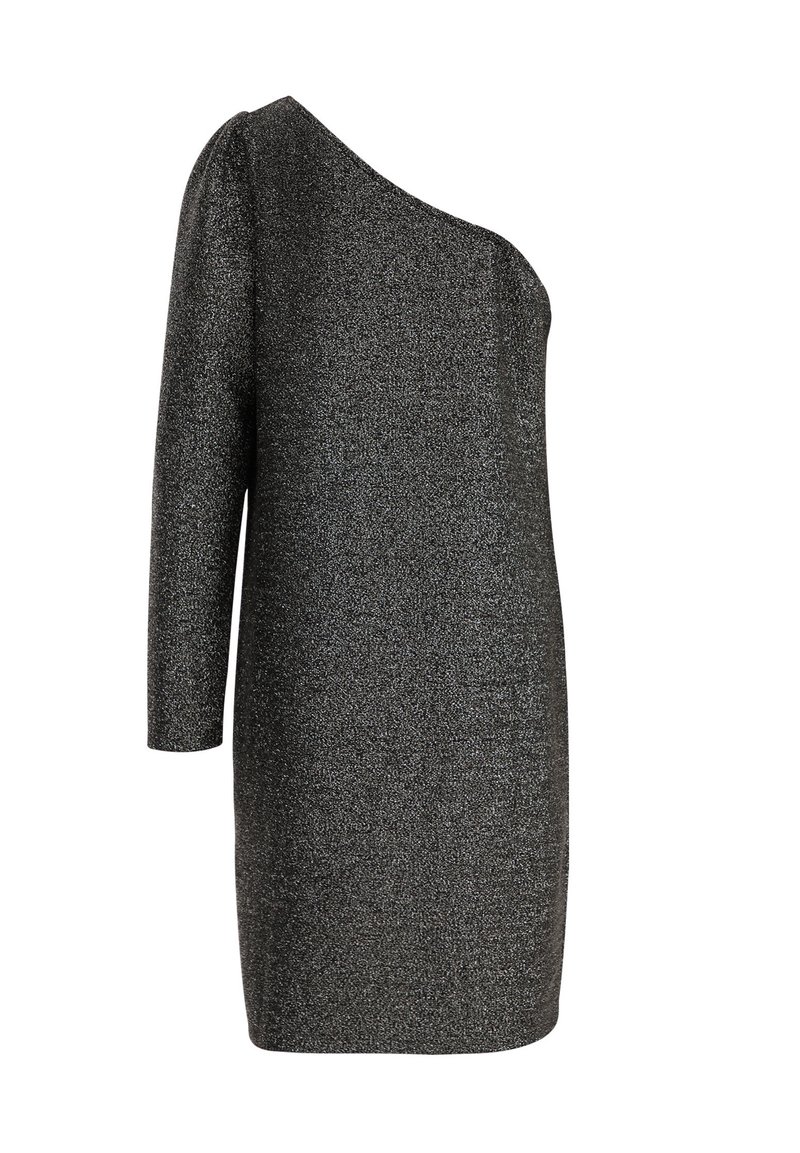 Robe asymétrique à une épaule en tissu noir métallisé, longueur genou avec une manche longue, présentant une surface texturée et scintillante.