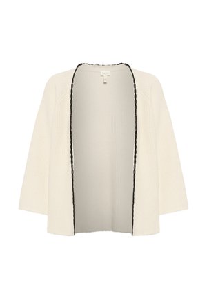 Loose-fitting, cream open cardigan with short sleeves and a black scalloped trim along the edges. Knitted texture, no fastenings.