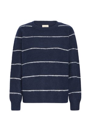 Maglione blu navy con ampie strisce bianche, scollo rotondo, maniche lunghe e un tessuto morbido e testurizzato. Design semplice con una vestibilità classica.