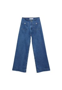 Jean en denim bleu taille haute à jambes larges avec poches plaquées avant sécurisées par des boutons en métal et une fermeture à bouton à l'avant.