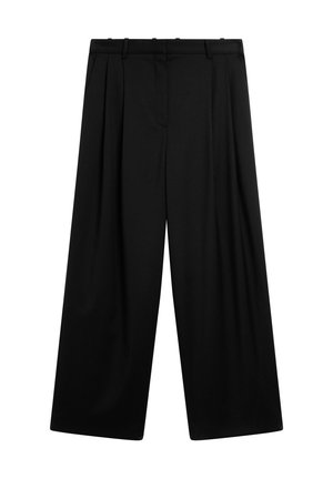 Zwarte broek met wijde pijpen, voorplooien, riemlussen en een platte tailleband, getoond tegen een witte achtergrond.