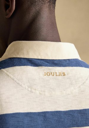 Prim-plan al gâtului și umărului unei persoane care poartă o cămașă cu guler în dungi albastre și albe, având brodat pe spate cuvântul „JOULES”.