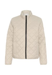 Veste beige matelassée avec col montant, fermeture éclair sur le devant et poches latérales. Présente une texture lisse et un motif en losange.