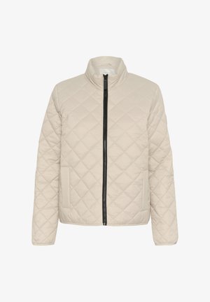 Prošívaná béžová bunda s límcem, předním zipem a bočními kapsami. Má hladký povrch a diamantový vzor.