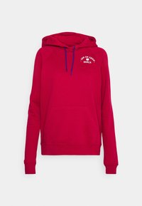 Červená mikina s kapucí z měkké látky, s kapsou vpředu, modrými šňůrkami a bílým nápisem „¡SON UN EQUIPO! BARÇA.