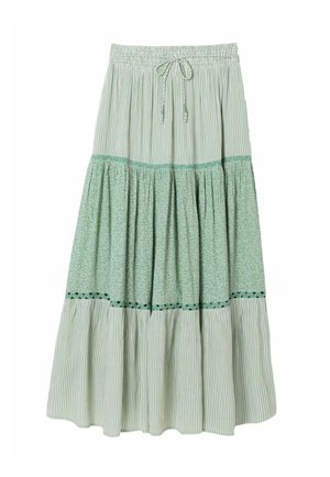 Midirock mit gerafften Stufen, grünen und weißen vertikalen Streifen, Blumenmuster, Kordelzugbund und dekorativem Ripsbandbesatz.