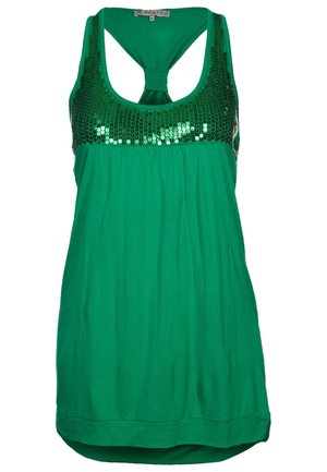 Zielony top bez rękawów z błyszczącymi cekinami na piersi oraz wzorem racerback z węzłem.