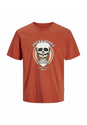 Rūsvas kokvilnas T-krekls ar centrālo skeleta grafiku ar izteiksmīgām kontūrām, tekstu "JACK & JONES" un "DIMENSIONS ORIGINALS" augšpusē un apakšpusē.