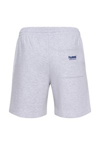 Shorts en coton gris avec une taille élastique, dotés d'une poche arrière et d'un logo "hummel" bleu. Texture douce ; coupe décontractée.