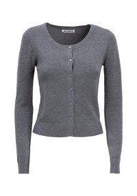 Cardigan grigio con maniche lunghe, scollatura rotonda e chiusura con bottoni. Tessuto a maglia con orlo e polsini a costine.