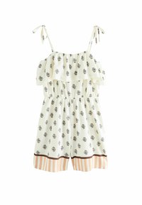 Witte rompert met een ruffled off-shoulder ontwerp, bloemenpatroon in blauw en bruin, en gestreepte accenten aan de zoom. Verstelbare bandjes inbegrepen.