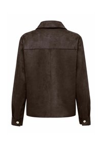 Chaqueta de ante sintético marrón con cuello extendido, mangas largas y puños abotonados. Presenta un diseño limpio en la parte posterior con acentos mínimos.