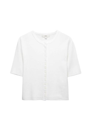 Cardigan blanc à manches courtes avec encolure ronde et fermeture boutonnée à l'avant, en tissu léger tricoté.