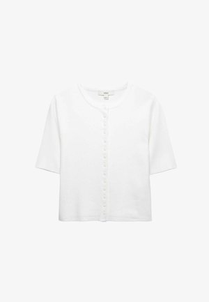 Cardigan blanc à manches courtes avec encolure ronde et fermeture boutonnée à l'avant, en tissu léger tricoté.