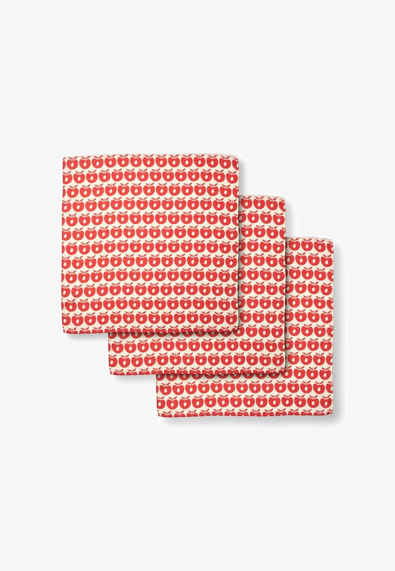 Trois torchons présentant un motif de pommes rouges sur fond crème, en coton. Chaque torchon est plié pour montrer différentes tailles.