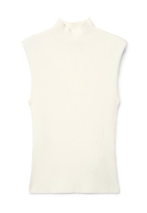 Haut en tricot blanc sans manches à côtes, col montant et coupe ajustée, présenté à plat sur fond blanc.