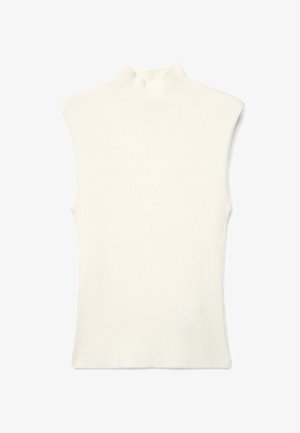 Haut en tricot blanc sans manches à côtes, col montant et coupe ajustée, présenté à plat sur fond blanc.