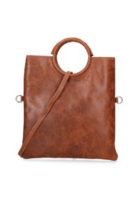 Borsa a tracolla in pelle marrone con manico rotondo, tracolla staccabile, texture liscia e design minimalista. I dettagli includono finiture in argento.
