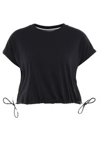Černé zkrácené tričko vyrobené z měkké bavlny. Má krátké rukávy, kulatý výstřih a nastavitelné šňůrky na spodním okraji pro přizpůsobitelný střih.