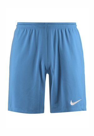 Shorts de sport bleu clair avec taille élastique et logo swoosh blanc de Nike sur la partie inférieure de la jambe gauche.