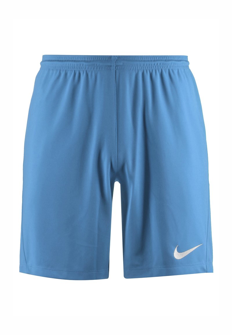 Shorts de sport bleu clair avec taille élastique et logo swoosh blanc de Nike sur la partie inférieure de la jambe gauche.