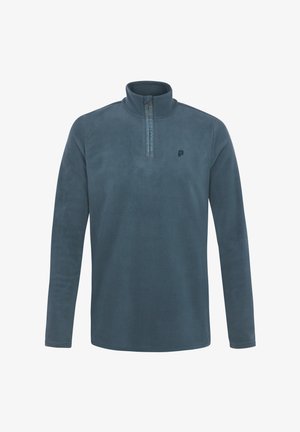 Dunkelblauer Fleece-Pullover mit einem Viertelzip-Kragen, ausgestattet mit einem Logo auf der Brust und glattem, strukturiertem Stoff. Lange Ärmel und lockere Passform.