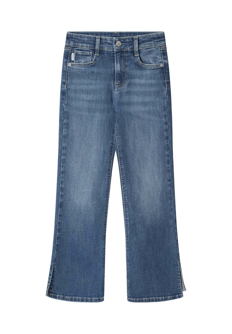 Džínsy v strednej umývanej farbe so strihom rovného noha, s detailami bočných rozparkov na leme, dizajnom s piatimi vreckami a viditeľným zošívaním.