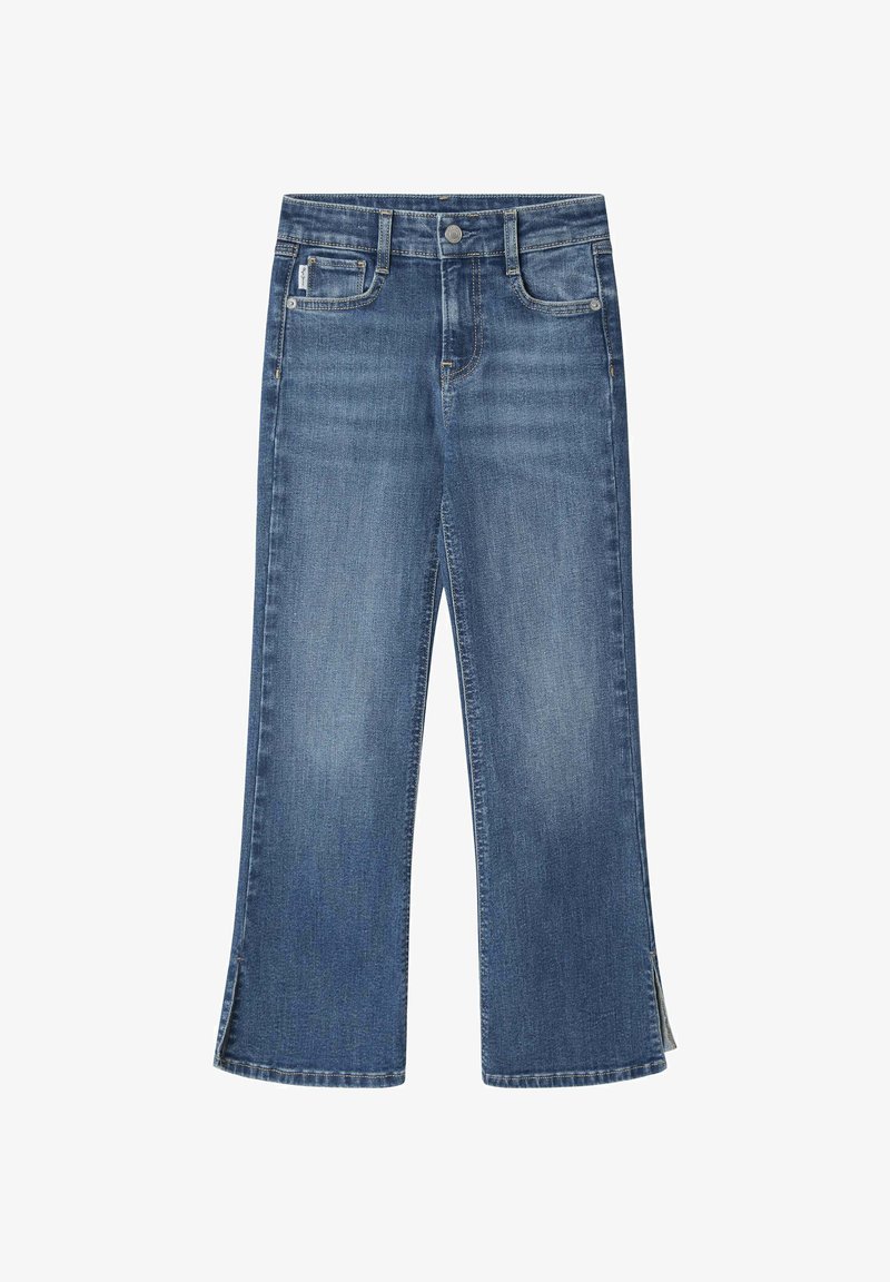 Denim džinsi ar vidēji tumšu tonu, taisniem griezumiem, ar sānu ielūzumiem apakšmalā, piecu kabatu dizainu un redzamām šuvēm.