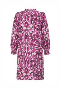 Vestito con motivo viola e crema, maniche lunghe a sbuffo e polsini arricciati, caratterizzato da un design floreale e astratto.