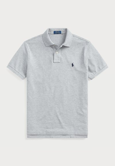 Gray short-sleeve polo shirt made of cotton, featuring a classic collar, three-button placket, and a small navy logo on the left chest.