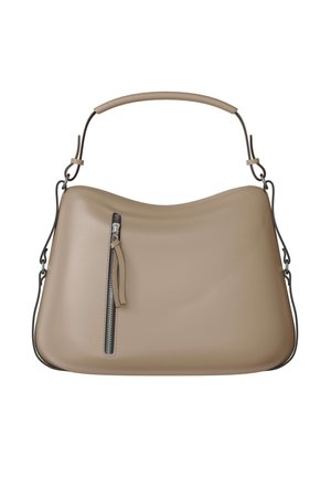 Beige leather handbag with curved top, single handle, detachable shoulder strap, and vertical front zipper pocket.
