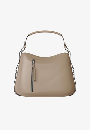 Beige leather handbag with curved top, single handle, detachable shoulder strap, and vertical front zipper pocket.