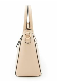 Borsa a mano beige strutturata con una texture granulosa, rifiniture nere, doppi manici superiori e dettaglio in metallo color oro vicino all'apertura.