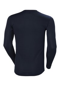 Plain dark navy long-sleeve fitted shirt shown from the back with a round neckline and smooth fabric texture.