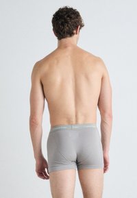 Boxer aderenti grigi con una texture morbida e una cintura elastica caratterizzata da un logo discreto. Il modello è fotografato di spalle.