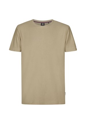 Effen beige t-shirt met korte mouwen en ronde hals, met een klein reliëflogo op de linkerborst en een stoffen label in de zijnaad.