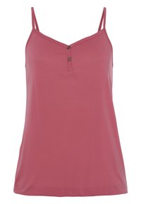 Ärmelloses pinkes Tanktop aus weichem Stoff, mit V-Ausschnitt, verstellbaren Trägern und zwei braunen Knöpfen an der Vorderseite.