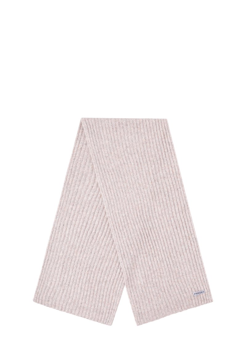 Geribbelde sjaal in lichtroze, gemaakt van zachte stof. Heeft een logotag aan één uiteinde. Lange en rechthoekige vorm, met een gestructureerde afwerking.