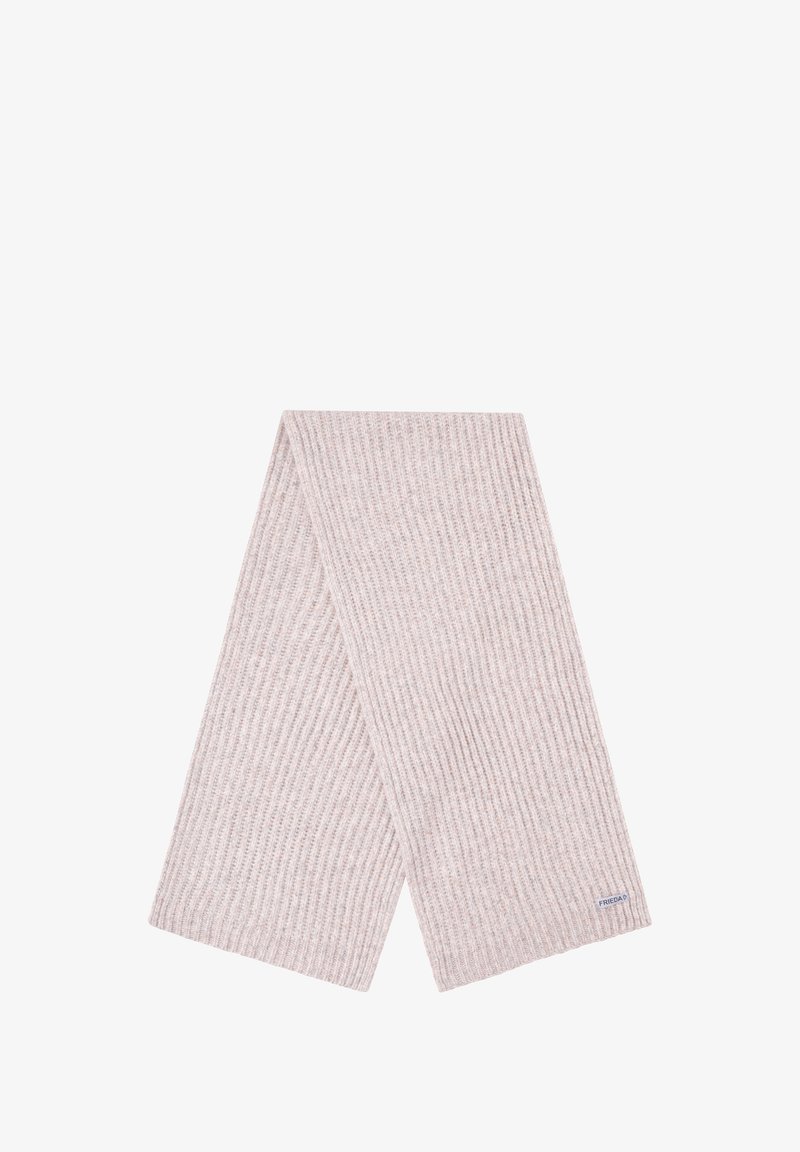 Geribbelde sjaal in lichtroze, gemaakt van zachte stof. Heeft een logotag aan één uiteinde. Lange en rechthoekige vorm, met een gestructureerde afwerking.