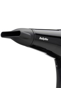 Black BaByliss hairdryer with narrow concentrator nozzle and cool shot button on handle, shown against white background.