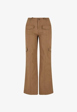 Pruunid cargos püksid, mis on valmistatud puuvillast, laia jala lõikega, kahel esisel taskul ja kahel külgmise klapiga taskul. Kestvad materjalid ja lihtne disain.