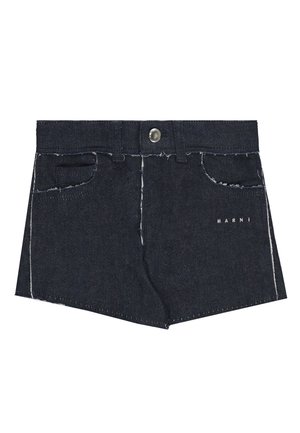 Pantaloncini in denim blu scuro con tasche frontali, bottone in metallo e logo bianco "MARNI" sul lato destro.
