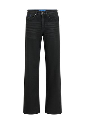 Jean noir coupe large en denim, avec fermeture à boutons et à zip, cinq poches, et un léger dégradé sur le tissu.