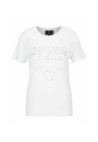 White cotton t-shirt with short sleeves featuring a dotted print of "19V69 ITALIA" and a shield design on the front.