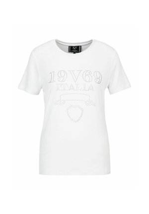 Witte katoenen T-shirt met korte mouwen, versierd met een stippenprint van "19V69 ITALIA" en een schildontwerp aan de voorkant.
